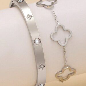 Silver Casual Women's Four-Leaf Clover Bangle Bracelet